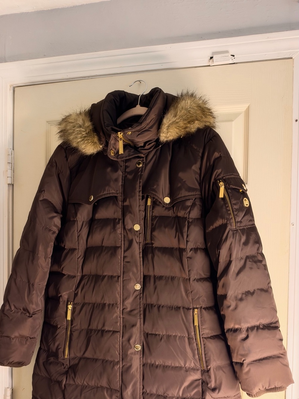 MICHAEL Michael Kors Chocolate Brown Quilted Puffer Coat with Faux Fur Trim
